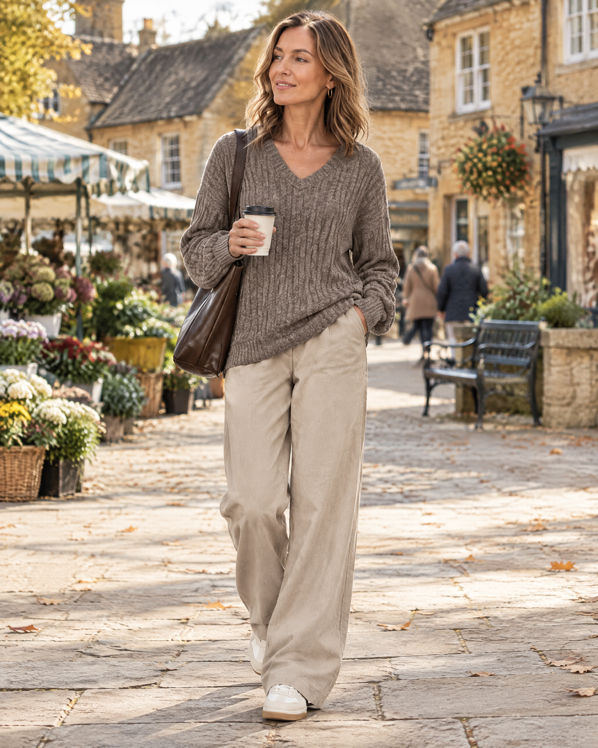 Ambleside jumper in mocha grey, worn at a Cotswold market