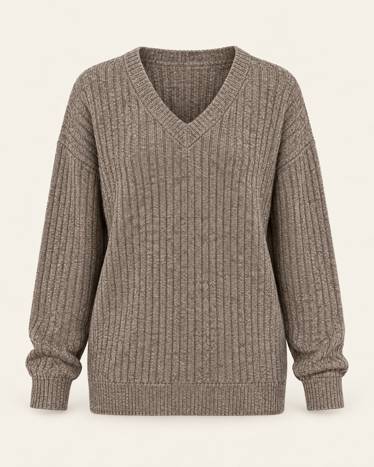 Ambleside V-Neck Rib Jumper in Mocha Grey, front