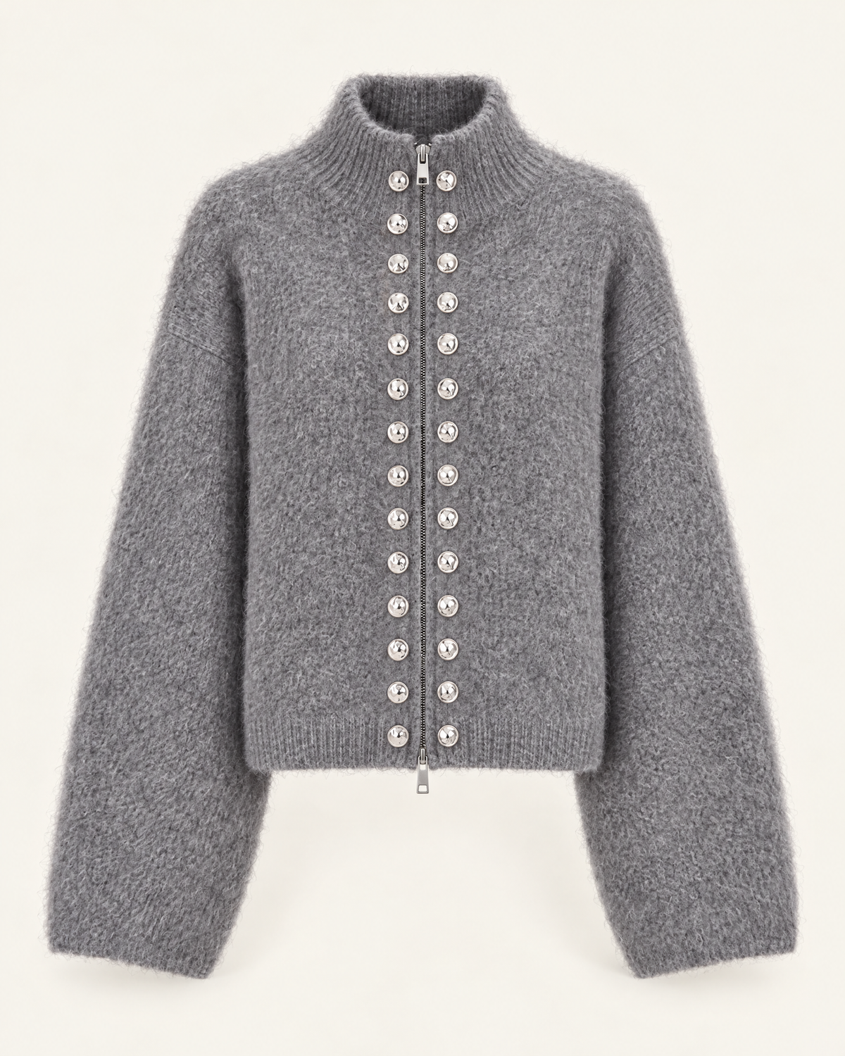 Hampstead High-Neck Zip Cardigan in Grey, front