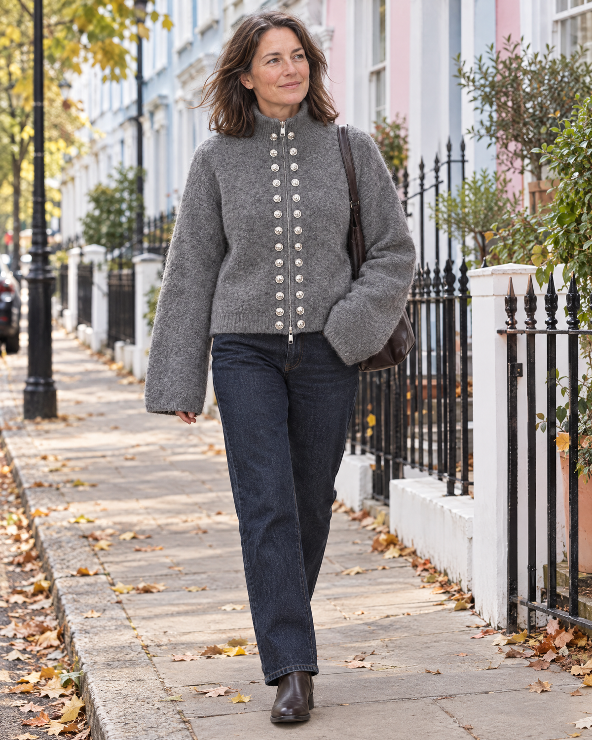 Hampstead cardigan in grey, worn on a Notting Hill street