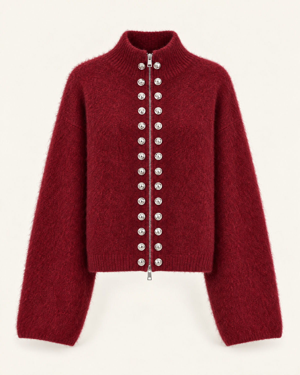 Hampstead High-Neck Zip Cardigan in Red, front