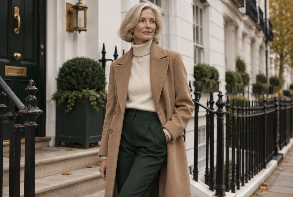 Woman in a camel wool coat on a Mayfair street