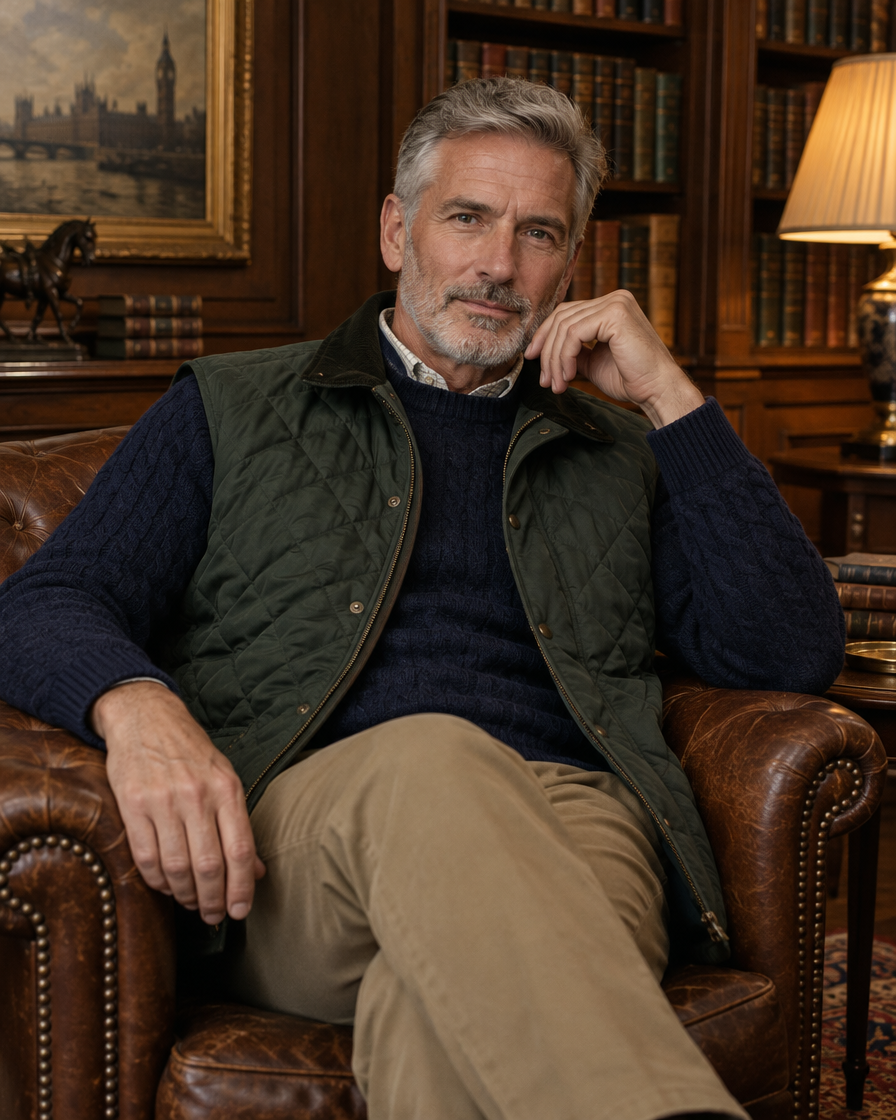 Man in a green quilted gilet in a library