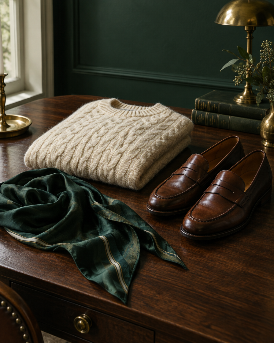 Cable-knit jumper, loafers and silk scarf