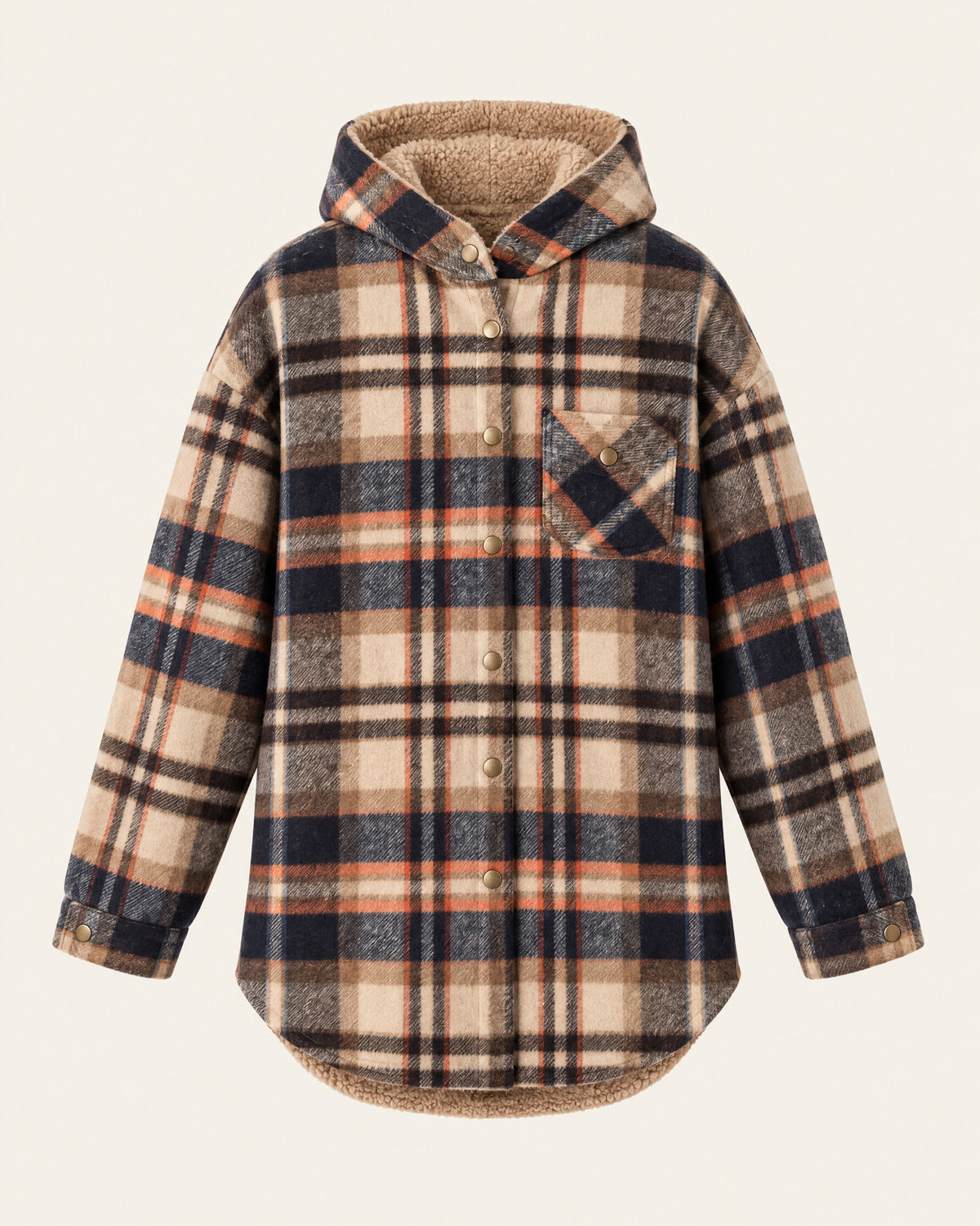 Windermere Hooded Check Shirt Jacket in Camel & Navy Check, front