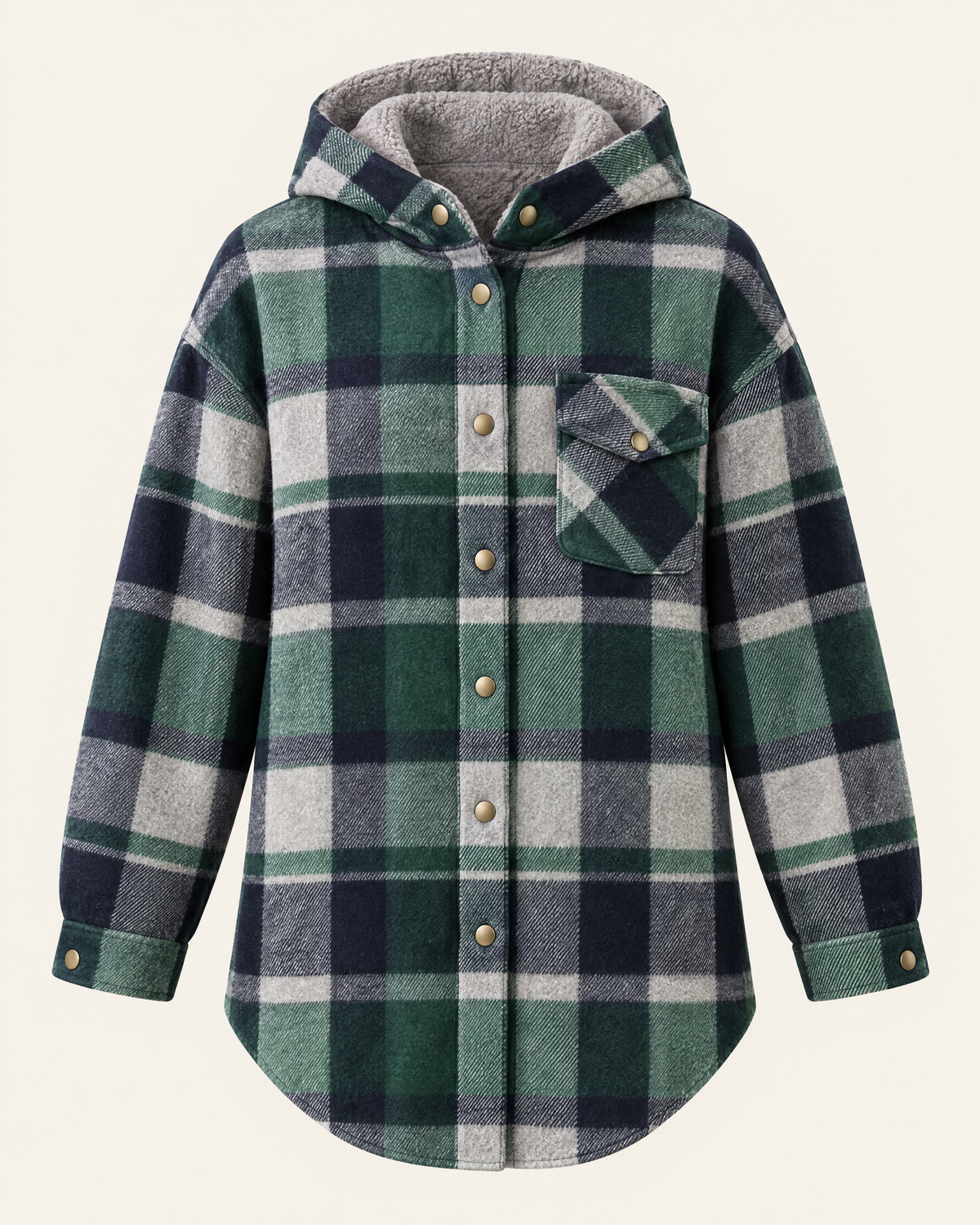 Windermere Hooded Check Shirt Jacket in Forest Green Check, front