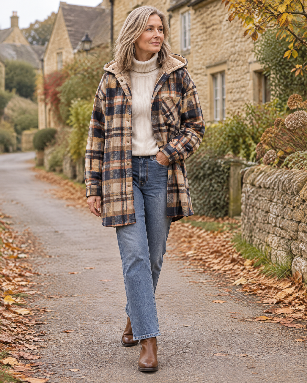 Windermere shirt jacket in camel and navy check, worn on a Cotswold village lane