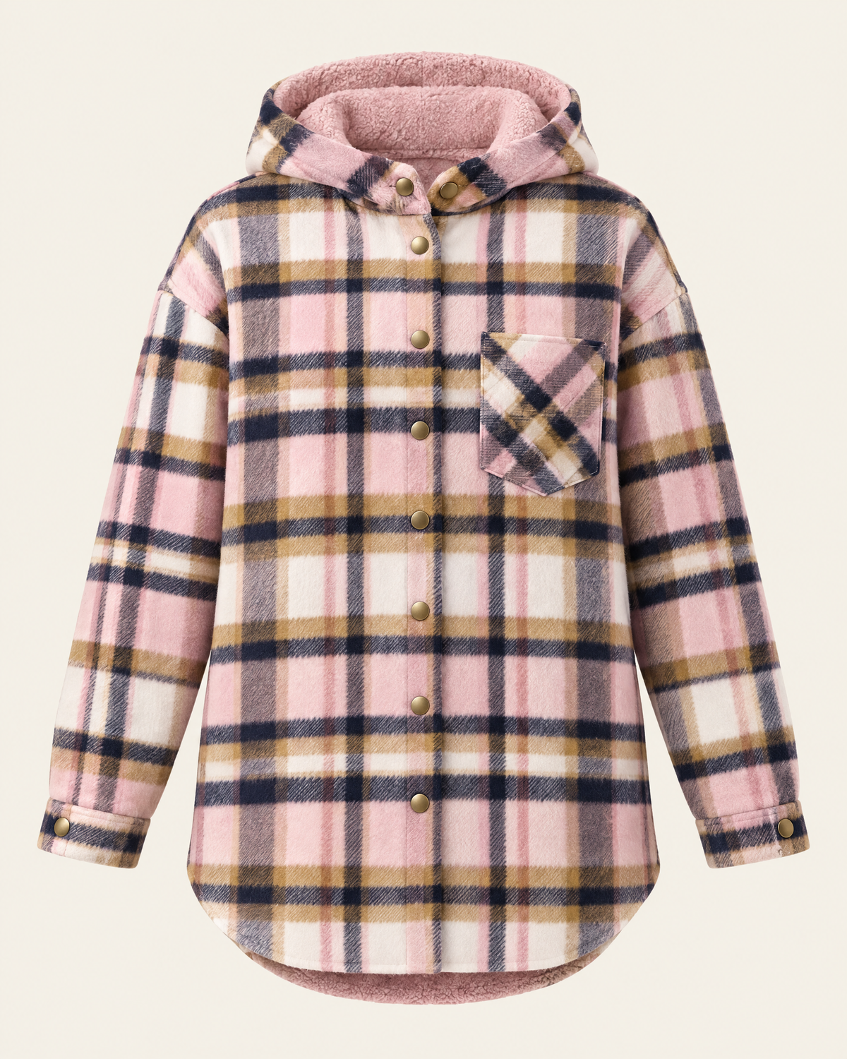 Windermere Hooded Check Shirt Jacket in Rose Pink Check, front