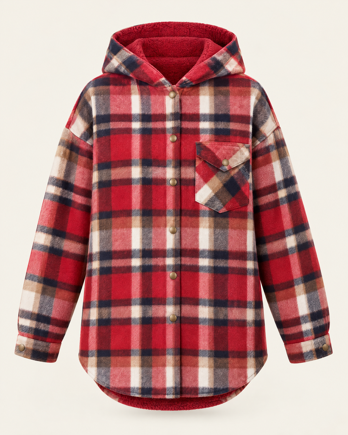 Windermere Hooded Check Shirt Jacket in Red Check, front